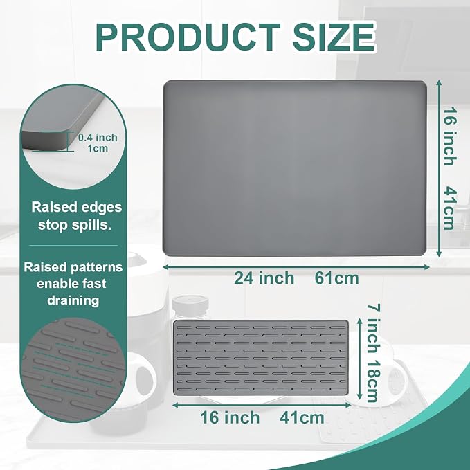 Silicone Coffee Mat, 24"X16" Heat-Resistant,Eco-friendly,Hygienic Drying Pad,Leak-Proof and Non-Slip,Removable Silicone Mat with Concave and Convex Design,（Gray 24X16）