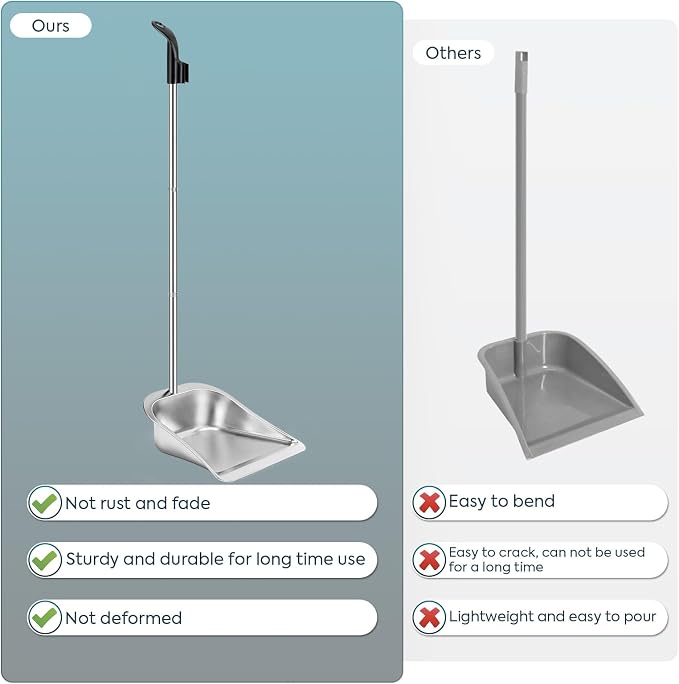 Dust Pans with Long Handle - 35”Heavy Duty Metal Upright Stand Up Dustpan | Long Handled Dustpans with Adjustable Handle,Stainless Steel Dust Pan for Home,Outdoor,Office,No Tool-Snap&Lock in 3 Seconds