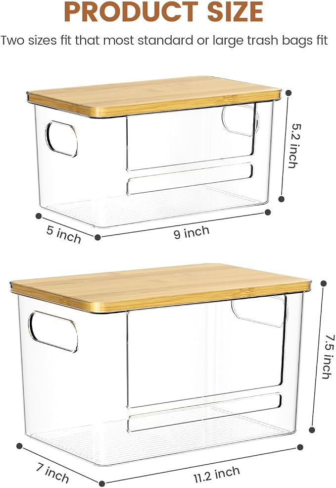 Trash Bag Dispenser 2 Pack (XL+S) - Acrylic Garbage Bags Dispenser with Bamboo Top, Trash Bag Holder Under Sink for Pantry, Kitchen, Laundry Room, Cabinet