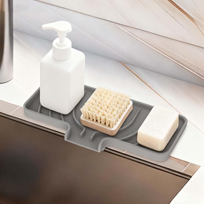 GUUKIN Sponge Holder for Kitchen Sink, 10"x 4" Kitchen Sink Organizer, Sink Caddy and Soap Tray,Compatible with Scrub Daddy, Kitchen Sink Accessories (Grey)