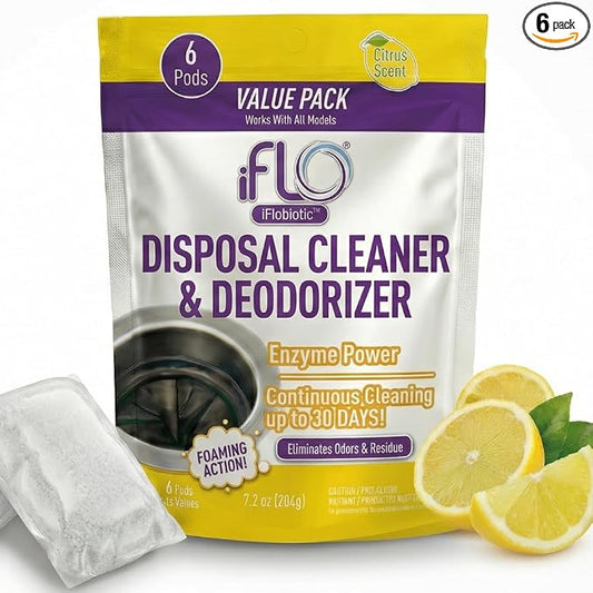 iFLO Foaming Garbage Disposal Cleaner Pods with iFLOBiotic – Powerful Garbage Disposal Foaming Action for Sink, Food Waste & Odor Removal – Disposal Cleaner Pods, 6 Pack