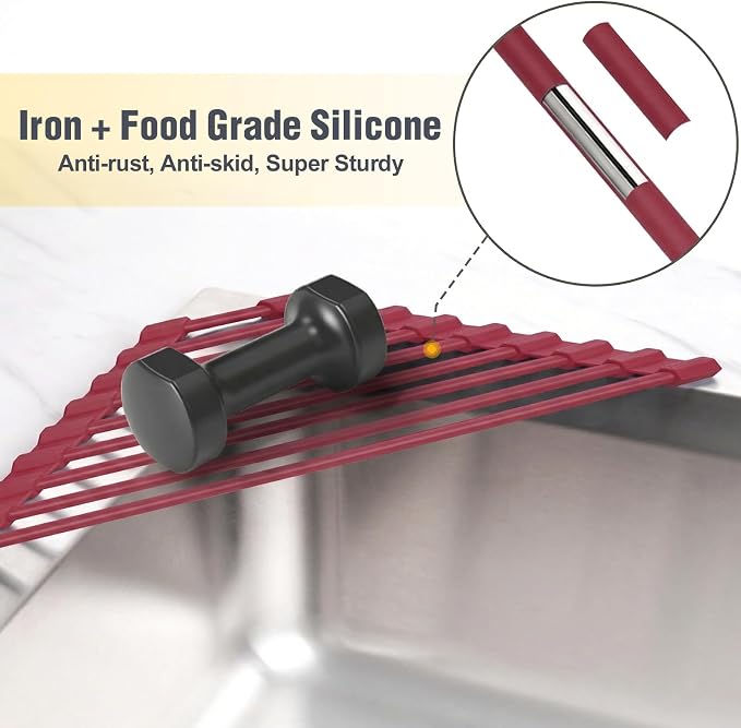 Tomorotec Small Triangle Roll-Up Dish Drying Rack with Silicone Coating Stainless Steel Frame for Sink Corners, Multipurpose Over-The-Sink Kitchen Drainer & Organizer for Space-Saving Storage-Wine red