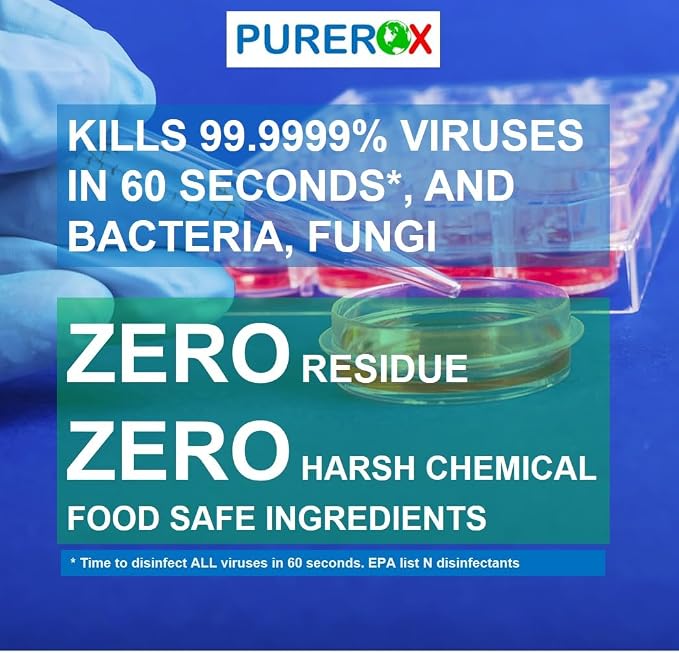 PUREROX disinfectant (3.4oz, 2pk) TSA Approved travel size. Eliminate 99.9999% viruses Norovirus, MRSA, Fungus, Bacteria. Hospital Grade. Safe for Use Anywhere. No residue. Suitable for All Surfaces.
