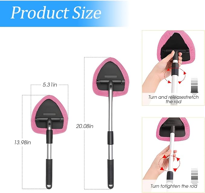 Extendable Car Windshield Cleaning Tool with Microfiber Pads, Pink | reusable glass-wiper design, interior and exterior window use, fits most cars, SUVs, and trucks, automotive cleaning tools