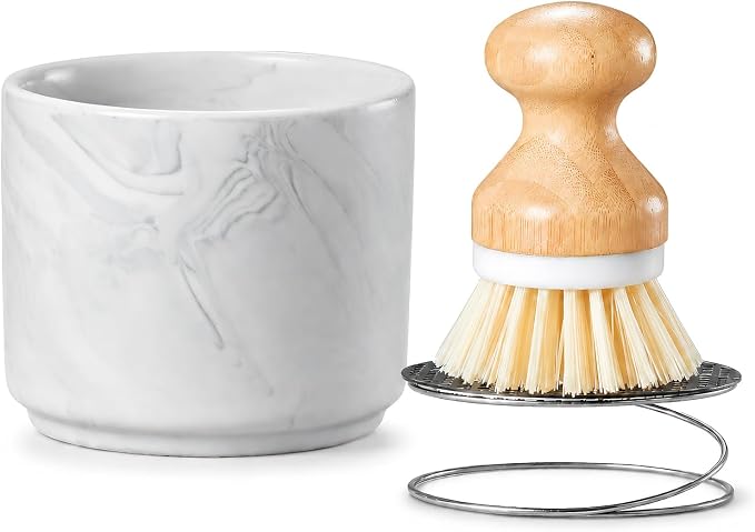 ONEMORE Bamboo Dish Brush with Ceramic Foaming Base, Kitchen Sink Scrub Brush Set with Spring and Mesh Insert, Wooden Handle Dishwashing Brush for Pots Pans Plates Bowls, Marble