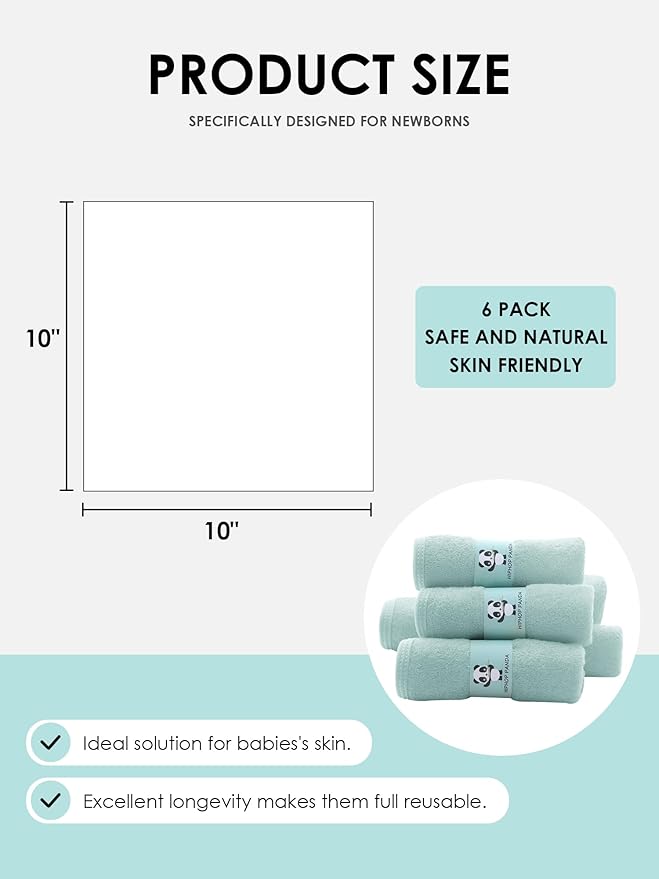 HIPHOP PANDA Baby Washcloths, Rayon Made from Bamboo - 2 Layer Ultra Soft Absorbent Newborn Bath Face Towel - Reusable Baby Wipes for Delicate Skin - Green, 6 Pack