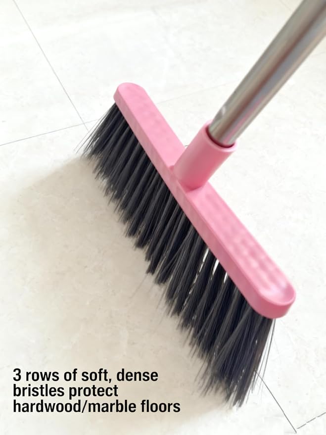 Upright Broom and Dustpan Set - Long Handle for No-Bending Comfort, 3 Rows Dense Bristles for Deep Sweeping, Suitable for Home, Office, Kitchen, Lobby, Shop, Indoor & Outdoor Spaces, Pink & Purple