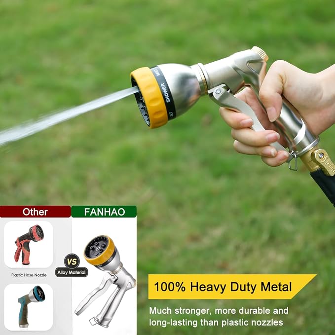 FANHAO Metal Garden Hose Nozzle Heavy Duty, 7 Adjustable Spray Patterns | Rustproof Zinc Alloy, Ergonomic Grip, Hands-Free Lock, Leak Proof High Pressure Water Nozzle for Lawn & Plant, Car & Pet
