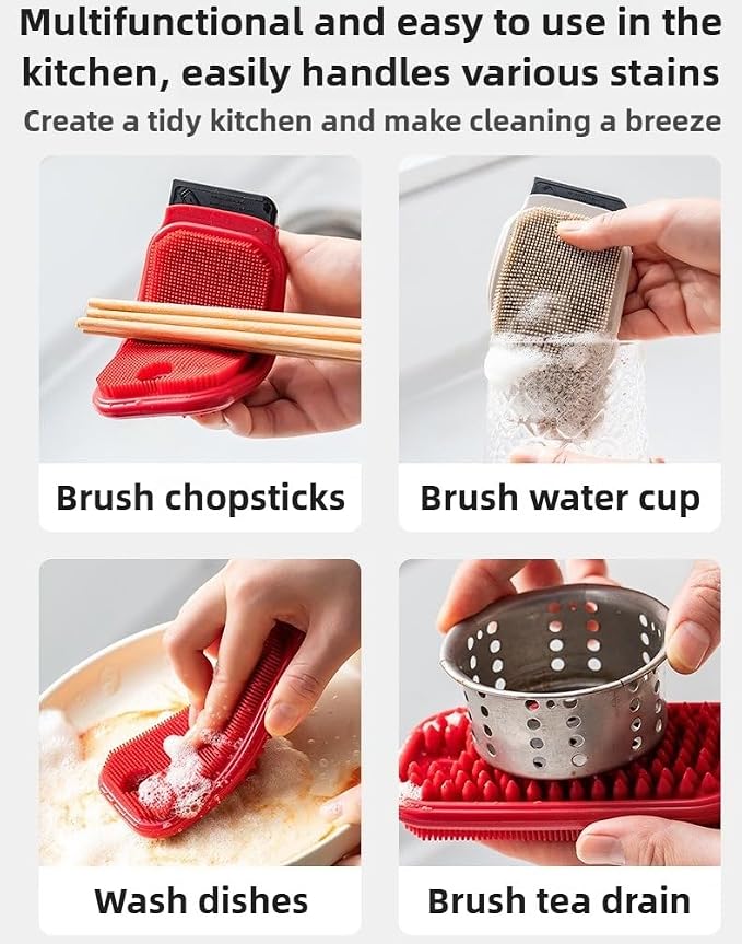 3-in-1 Silicone Dish Sponge-Food-Grade BPA-Free Cleaning Brush with Dual-Sided Comb&Scraper,Hanging Hole for Easy Storage,Fast-Dry Reusable Kitchen Gadget for Dishes/Fruits/Vegetables (Grey 1PCS)