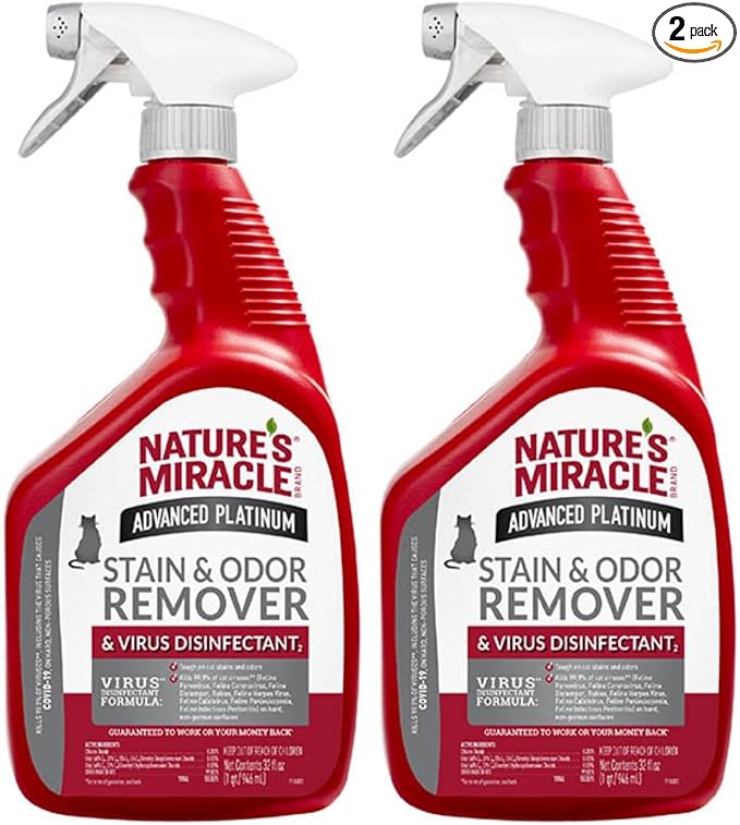 Nature's Miracle Advanced Platinum Stain and Odor Remover and Virus Disinfectant 32 Ounces, Eliminates Tough Dog Messes (Pack of 2)