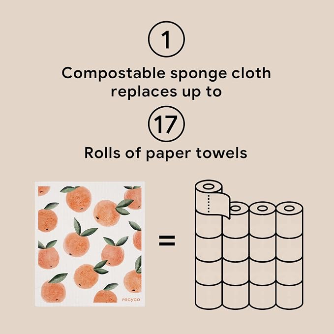 RECYCO Swedish Dishcloths for Kitchen | 5 Pack Peachy Leaves Washable Dish Rags | Cellulose Reusable Cleaning Paper Towels | Absorbent Counter Dish Cloth Sponge Kitchen Wipes, 8" L x 7" W