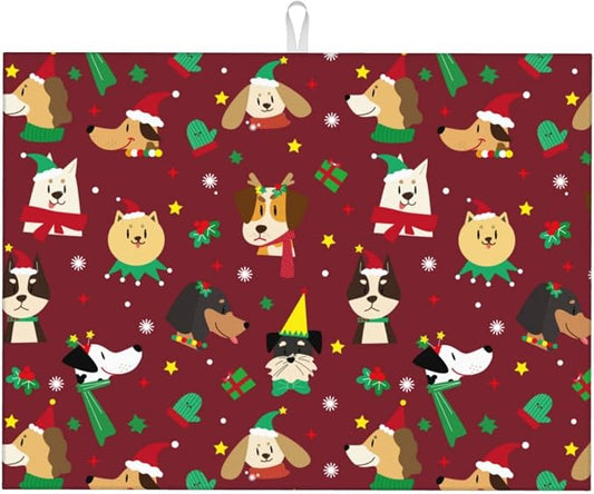 Red Christmas Puppy Dog Dish Drying Mat 18 x 24 Inch for Kitchen Counter Cute Kitchen Mat Microfiber Kitchen Countertop Absorbent Reversible Drainer Rack Pad Dish Drying Mat