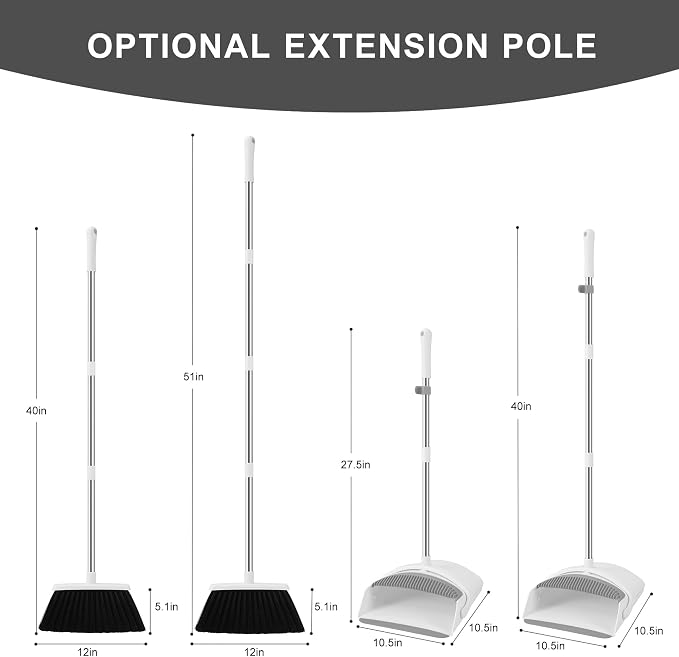 Broom and Dustpan Set, 52" Adjustable Handle Broom, White | Dustpan Self-Cleaning Teeth for Hair, 52" Long Handle Standing dustpan,Suitable for Home Kitchen Office Hall Floor
