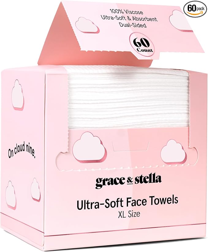 grace & stella Face Towels Disposable - Travel Essentials - Ultra-Soft & Absorbent Face Wipes Towelettes - XL Facial Towels for Cleansing & Makeup Removal - Lint-Free Facial Tissue - Vegan (60 Count)