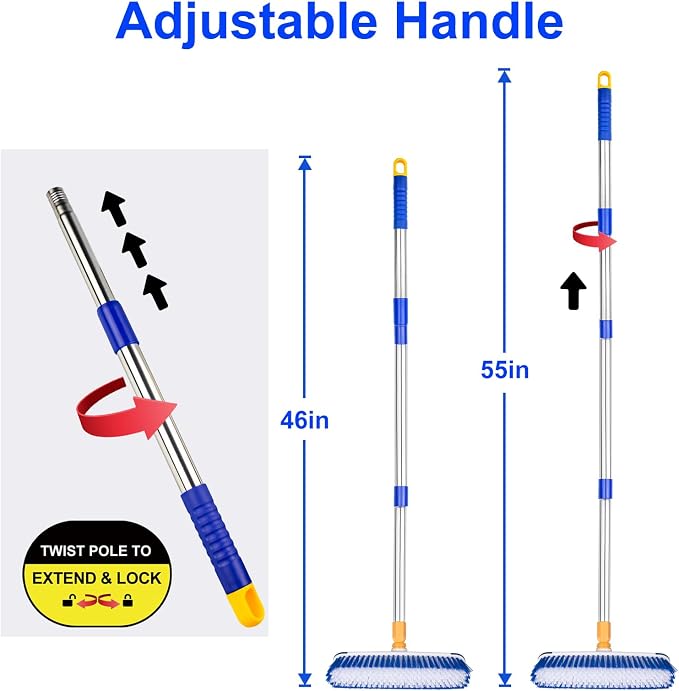Floor Scrub Brush - 2 in 1 Deck Scrub Brush with Long Handle for Tile, Deck, Patio, Marble, Garage, Wall, Kitchen, Bathroom