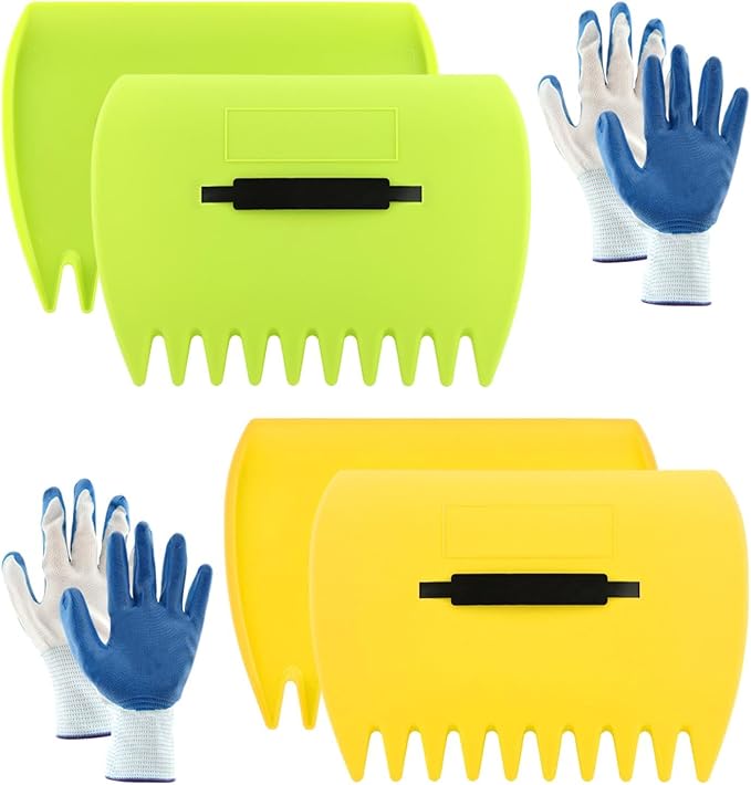 2 Sets Leaf Scoops Hand Rakes with 2 Pairs Gloves, Large Lightweight Plastic Leaf Grabbers for Picking Up Leaves, Lawn Debris, Grass Clippings, Garden Yard Waste and Trash