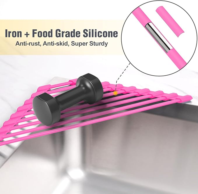 Tomorotec Compact Silicone-Coated Triangle Dish Drying Rack for Sink Corner - Foldable Stainless Steel Over-The-Sink Organizer and Storage Shelf (Hot Pink)