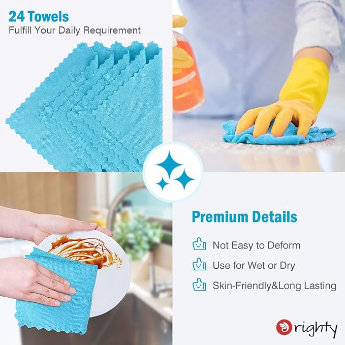 Orighty Microfiber Cleaning Cloth - 24 Pack, Blue Cleaning Rags 12x11 inch | Microfiber Towels for Cars, Highly Absorbent Household Cleaning Supplies, Reusable Lint Free Cloths for House, Kitchen