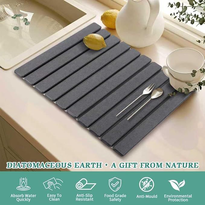 Stone Dish Drying Mat for Kitchen Counter, 24''×15'' Dishes Drying Matt Kitchen Counter, Absorbent Diatomaceous Earth Bath Quick Dry Mats for Tableware, Bottles and Cup(Dark Grey)