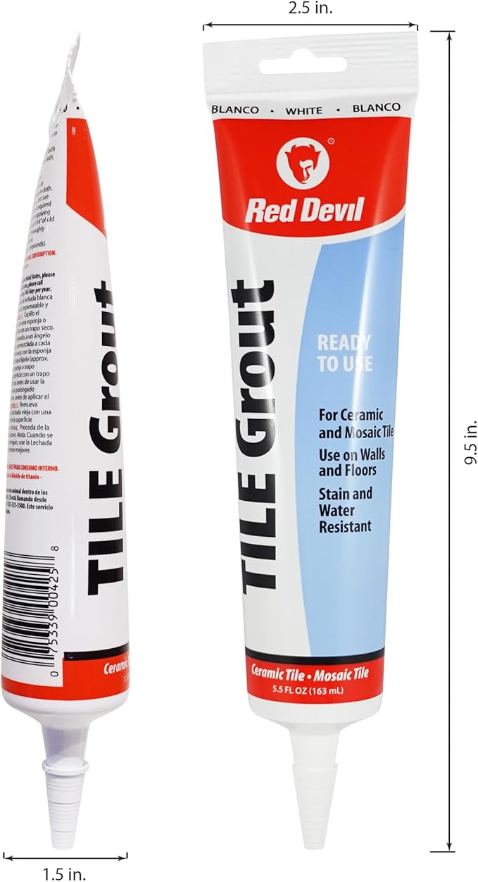 Red Devil 0425 Pre-Mixed Tile Grout - Professional Quality, Excellent Adhesion, Ideal for Wall & Floor Use - 5.5 oz, White, Made in USA
