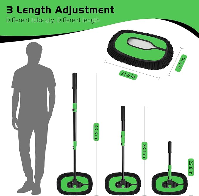 Ordenado 15°Curved Car Wash Brush with Long Handle, 43" Car Cleaning Brush with Extension Pole, Microfiber RV Wash Mop Scratch-Free, Exterior Washer Mop for Washing Roof Truck Camper SUV Caravan Green