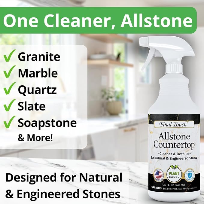 Final Touch AllStone Countertop Cleaner – Plant-Based Stone Safe Cleaning Spray with Scrub Brush – Daily Use Cleaner for Granite, Quartz, Marble, Kitchen Counters – Streak-Free Detail Clean