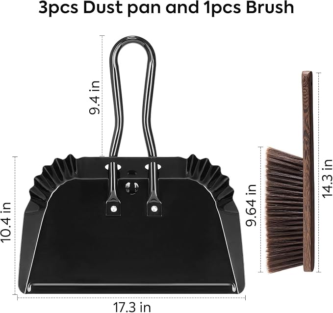 17In Large Dust Pan and Brush Set,Heavy-Duty Dust Pan | Handheld Dustpan | Commercial Metal Dust Pan and Wood Broom,Precision Edge for Debris,Black Hanging Dustpan Set for Home,Fireplace,Car,Outdoor