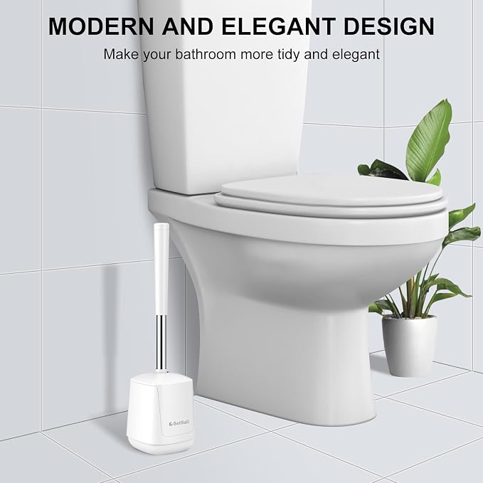 SetSail Toilet Brush, Self Closing Lid Toilet Bowl Brushes Holder and Extra Long Handle Ventilated Toilet Brush Set for Bathroom Cleaning, Nylon Bristles, Pure White