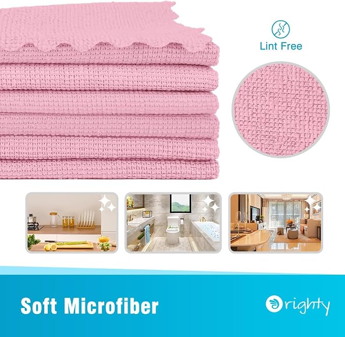 Orighty Microfiber Cleaning Cloth - 24 Pack, Pink Cleaning Rags 12x11 inch | Microfiber Towels for Cars, Highly Absorbent Household Cleaning Supplies, Reusable Lint Free Cloths for House, Kitchen