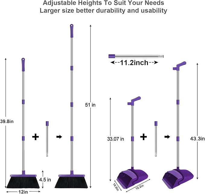 Purple Broom with Dustpan Combo Set, 51" Long Handle Household Cleaning Tool, Ideal Broom and Dustpan Set for Pet Hair and Home Use