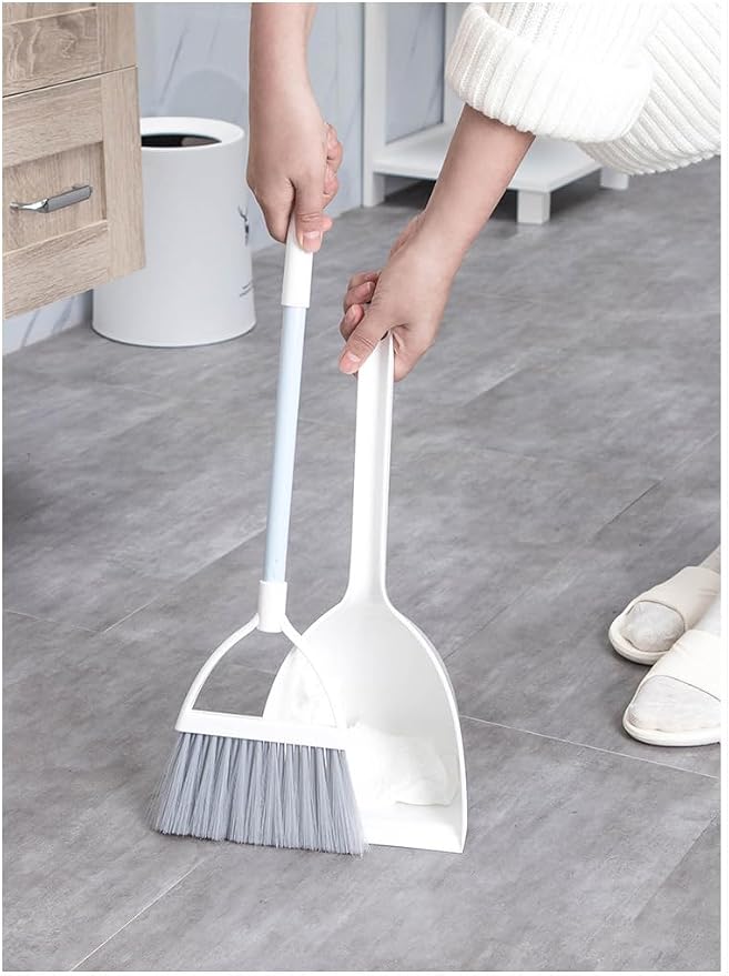 Mini Broom with Dustpan for Kids,Little Housekeeping Helper Set (White+Grey)