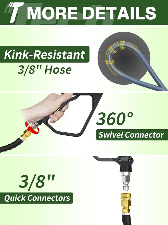 3/8" 4800PSI Pressure Washer Hose 25FT Swivel Quick Connect | Power Washer Hose for Cold/Hot Water Max 248°F, Kink Resistant Steel Wire Braided, Wear Resistant with M22 14mm Adapter