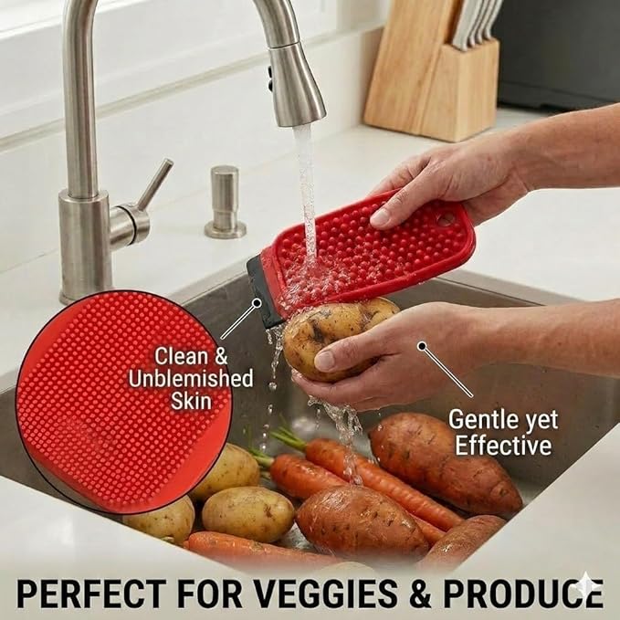 3-in-1 Silicone Dish Sponge - BPA-Free Food-Grade Cleaning Brush with Dual-Sided Scrubber & Scraper, Hanging Hole Fast-Dry Reusable for Dishes/Fruits/Vegetables (Red 1PCS)