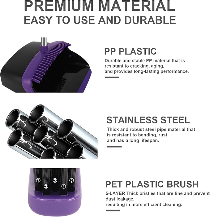 Purple Broom and Dustpan Combo Set, 55" Long Handle Broom | Large Area Outdoor Cleaning, Extended Reach Design, Built-in Comb Dustpan, Foldable Storage for Garage, Patio & Home