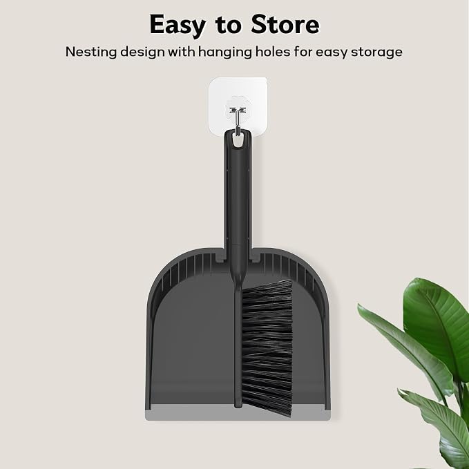 SetSail Small Dustpan and Brush Set with Teeth for Pet Hair Cleaning,Black | Nesting Snap-On Handheld Broom and Dust Pan Portable Broom and Dustpan Set Suitable for Desktop, Sofa, Camping