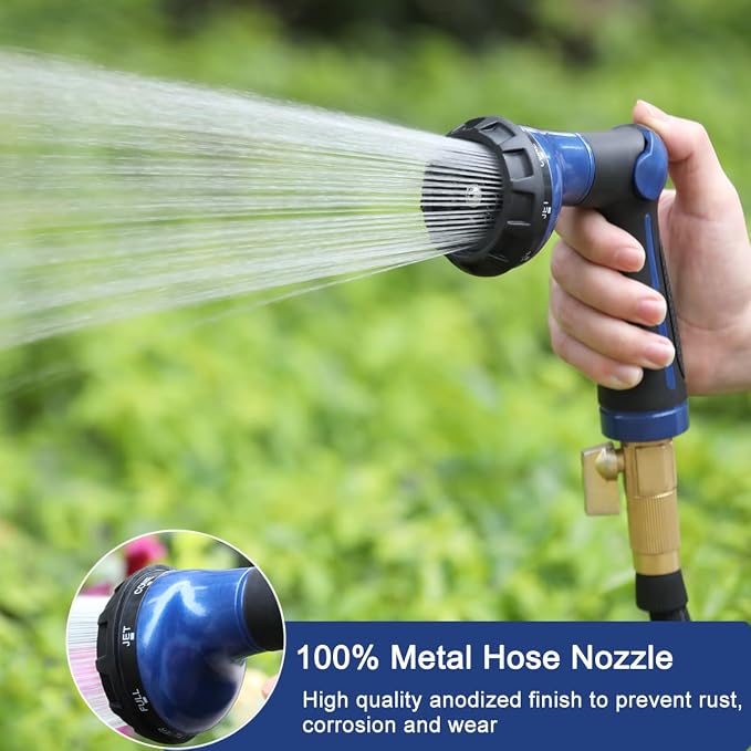 FANHAO Heavy Duty Garden Hose Nozzle, Metal Hose Sprayer Easy Thumb Control | 8 Spray Patterns, Rustproof Water Nozzle, Non-Slip Ergonomic Grip, Elder & Child Friendly for Garden, Car & Pet, Blue