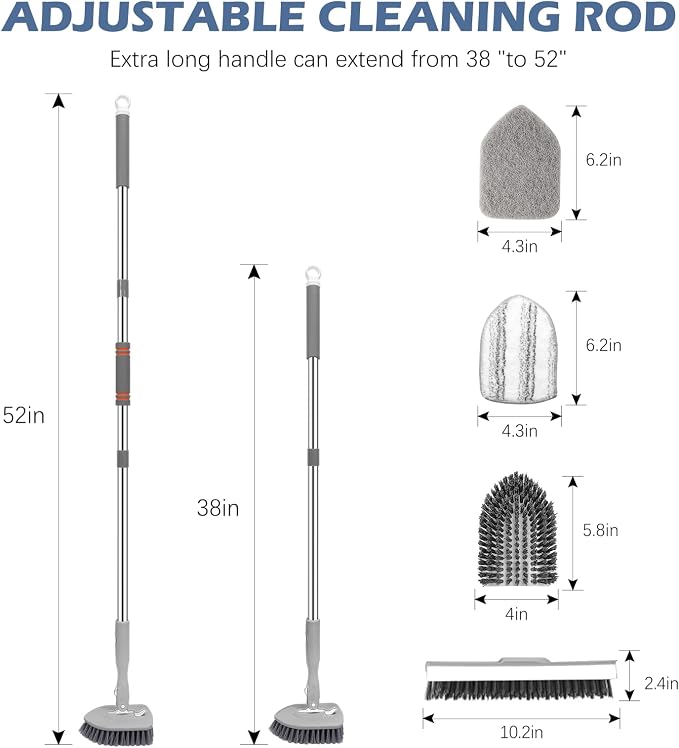 SetSail 4-in-1 Tile Tub Floor Scrubber with V-Shaped Grout Brush, Gray | with 3 Detachable Replacement Brush Head, Multi-Angle Cleaning Locks at 45°, 90°, 180° for Bathroom Kitchen Walls Tub Tile