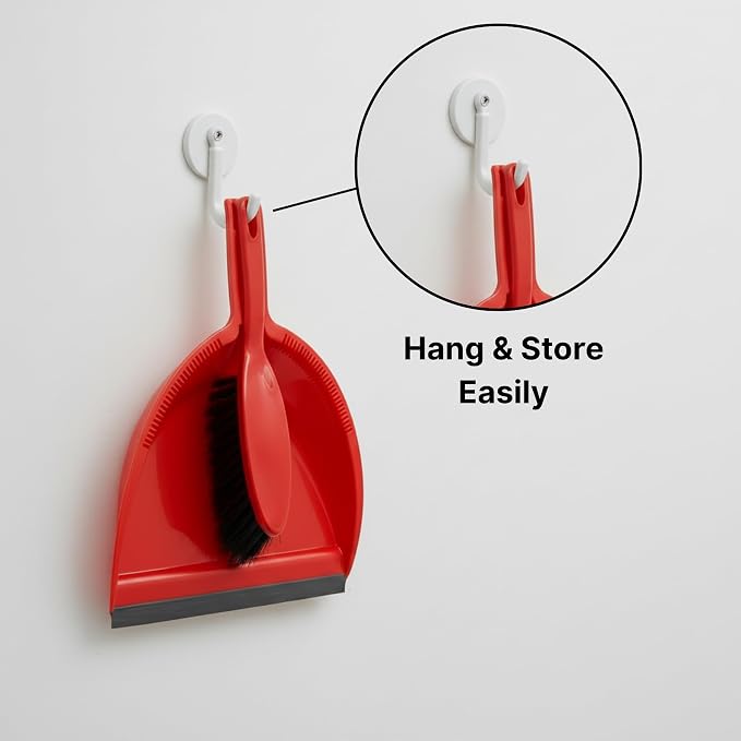 Condor Home Dustpan and Brush Set, Red Plastic Cleaning Tool With Long Handle, Heavy Duty Dust Pan With Soft Bristle Broom, 2-Pack