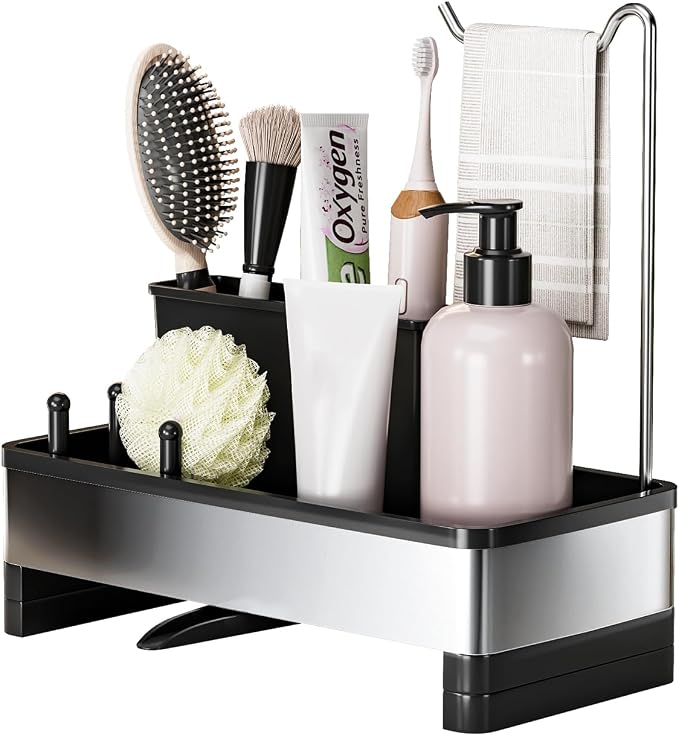 Ewaiira Sponge Holder for Kitchen Sink, Stainless Steel Sink Caddy with Brush Holder & Dishcloth Rack, Countertop Sink Organizer, Soap Dispenser Kitchen Organizers Storage Essentials (D-Black 9.8″)