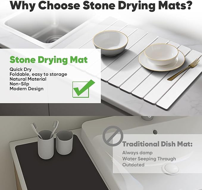 Stone Drying Mat for Kitchen Counter, Quick Diatomaceous Earth Mats for Dishes, 24"L x 16" W Super Absorbent Fast-Drying Collapsible Countertop Stone Mat (White, 24" x 16")