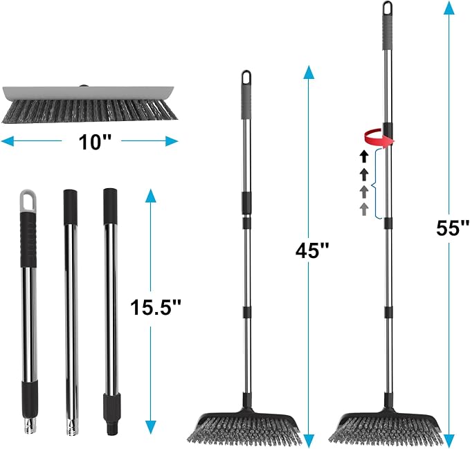 Heavy Duty Floor Scrub Brush with Long Handle, Adjustable Stainless Steel Handle, Stiff Bristles & Rubber Squeegee Scraper, Concrete Floor Scrubber for Cleaning Floor Concrete Deck Hardwood Patio Tile