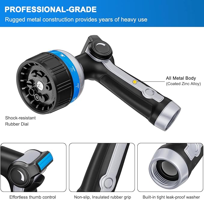 FANHAO Metal Thumb Control Water Hose Nozzle Heavy Duty, 10 Spray Patterns | Rustproof Leak Proof, Comfortable Non-Slip Handle, High Pressure Garden Nozzle for Watering Plants, Car & Pet Washing, Blue