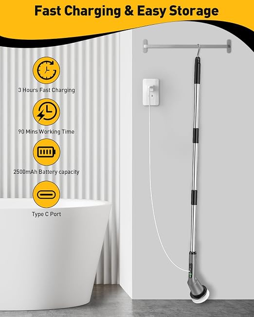 Shower Scrubber with Long Handle, Shower Cleaner Brush with 8 Floor Machine Pads, Cordless Electric Spin Scrubber for Cleaning with 2 Speed, Cleaning Supplies for Bathroom Bathtub Kitchen Floor Toilet