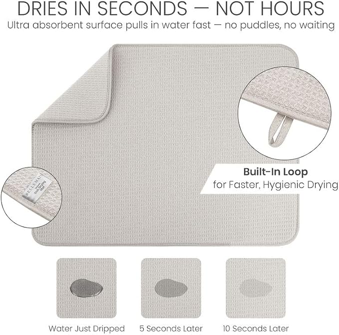 Bellemain XL Dish Mat Microfiber Dish Drying Mat, Super absorbent (Light Grey, 16" x 18")
