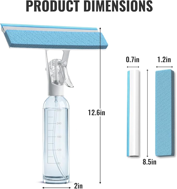 3-in-1 Window Squeegee for Window Cleaning with 300ML Tank & Scrubber | Window Cleaning Kit with Sponge Scrubber, Shower Squeegee for Glass Doors, Mirrors, Windshields, Car Windows & Hanging Hole