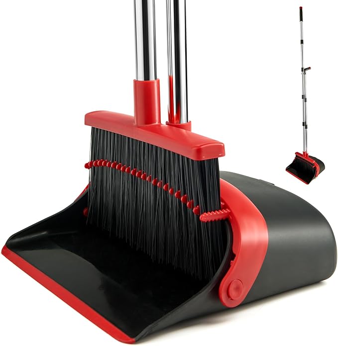 Broom and Dustpan Combo Set,Long Handle,Black Red | Dustpan with Cleaning Teeth Combo,Indoor Sweep Broom for Office Home Kitchen Lobby Floor