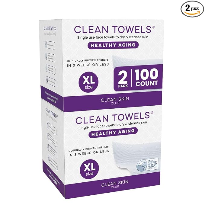 Clean Skin Club Healthy Aging Clean Towels® XL, Smooths, Treated for Extra Softness, Disposable Face Towels, Anti Aging Makeup Remover Dry Wipe, 2 Packs, 100 Ct Total