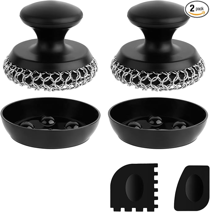 2PCS Cast Iron Scrubber Cleaner, Chainmail Scrubber for Cast Iron Pan Skillet, Dish Scouring Pad, 316 Stainless Steel Brush/Scraper for Metal Skillet Scrubbing, Wok, Dutch Oven Cleaning Kit - Thick