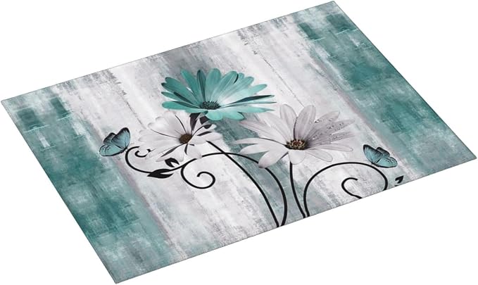 Floral Dish Drying Mat 18x24 Inches For Kitchen Counter Summer Spring Teal Blue Daisy Flower Kitchen Decoration Drying Mat Modern Decorative Drying Pad For Home Kitchen Decor,Dining Room,Office