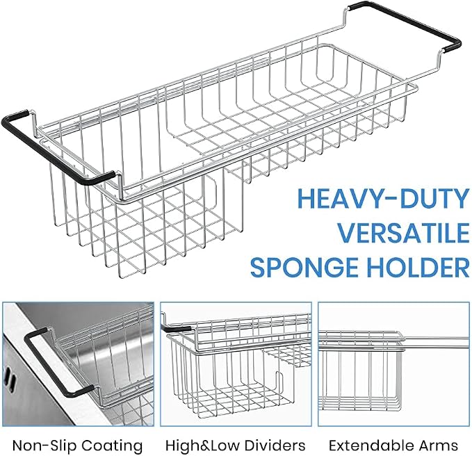 TreeLen Over The Kitchen Sink Caddy Sponge Holder Organizer Drying Rack Expandable for Sponge Brush Soap 13.8" to 20.8", Stainless Steel